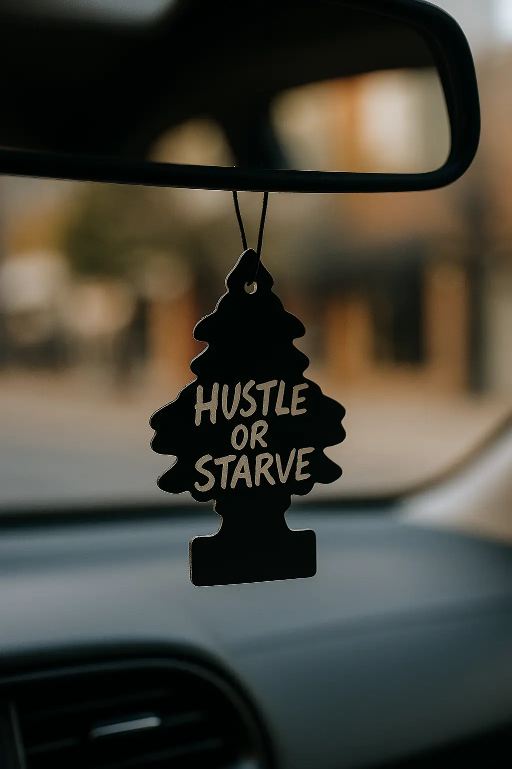 Rearview mirror with pine tree air freshener